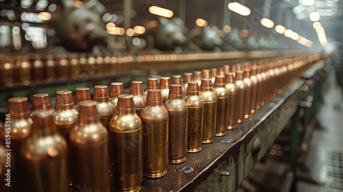 A detailed view of metallic bullets aligned in a production line within a factory setting. The image signifies precision, manufacturing, and industrial advancement. © svastix