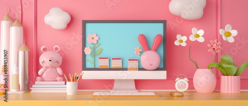 Cute and colorful home office setup with desktop, pink decor, and playful accessories, perfect for a vibrant and cheerful workspace. © Supranee