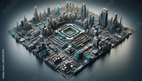 Futuristic sci fi motherboard technological chip city