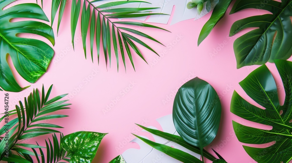 Summer Exotic Concept with Green Leaves on Pink and White Background Summer Exotic Concept with Green Leaves on Pink and White Background