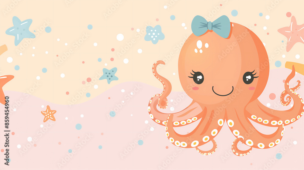Illustration of joyful orange Baby girl Octopus with blue Ribbon on colourful pastel background with stars. Mock up, Banner with copy space with text. Illustration of joyful orange Baby girl Octopus with blue Ribbon on colourful pastel background with stars. Mock up, Banner with copy space with text.