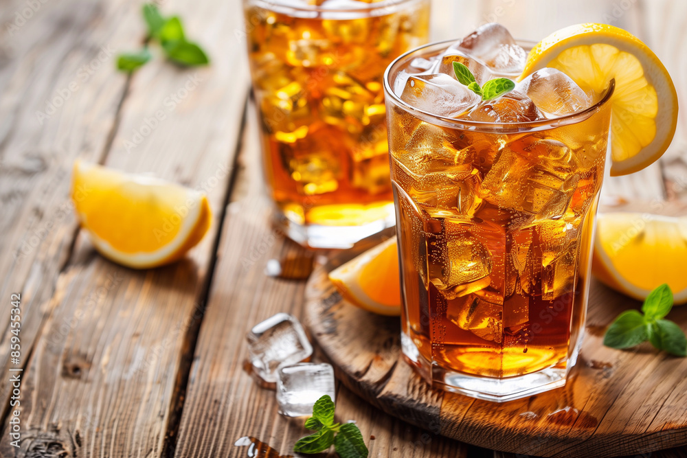 Ice tea with lemon. Cuba Libre or long island iced tea cocktail with strong drinks, cola, lime and ice in glass, cold longdrink or lemonade. Ice tea with lemon. Cuba Libre or long island iced tea cocktail with strong drinks, cola, lime and ice in glass, cold longdrink or lemonade.