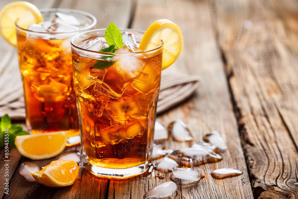 Ice tea with lemon. Cuba Libre or long island iced tea cocktail with strong drinks, cola, lime and ice in glass, cold longdrink or lemonade. Ice tea with lemon. Cuba Libre or long island iced tea cocktail with strong drinks, cola, lime and ice in glass, cold longdrink or lemonade.
