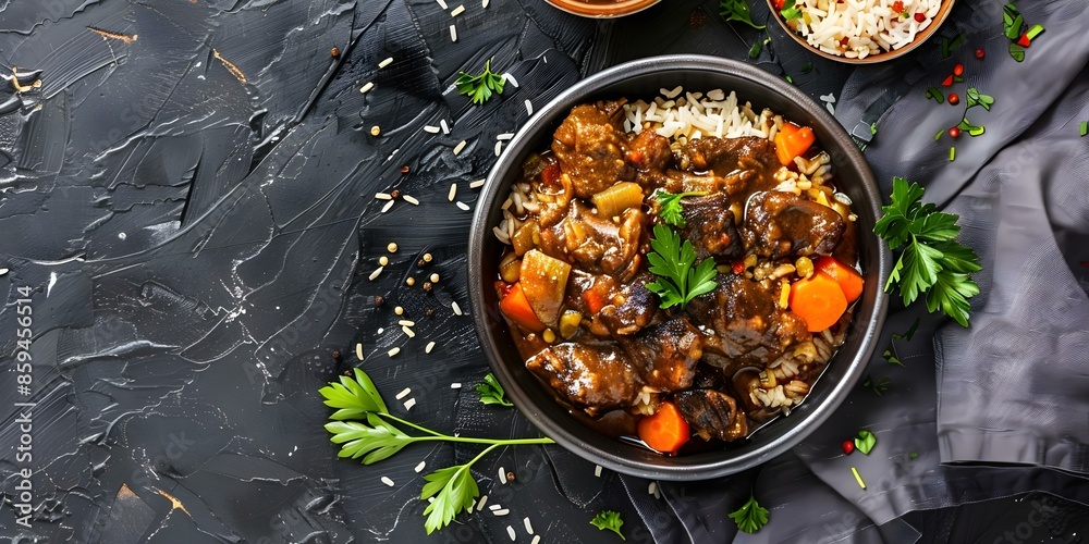 Topdown view of Caribbean oxtail stew rice with ample copy space. Concept Food Photography, Caribbean Cuisine, Oxtail Stew, Rice Dish, Copy Space Topdown view of Caribbean oxtail stew rice with ample copy space. Concept Food Photography, Caribbean Cuisine, Oxtail Stew, Rice Dish, Copy Space