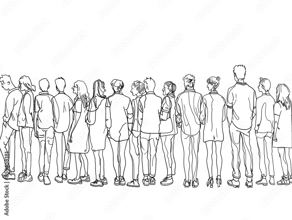 Group of people continuous one-line black ink drawing. The crowd standing and waiting on white background. Group of people continuous one-line black ink drawing. The crowd standing and waiting on white background.