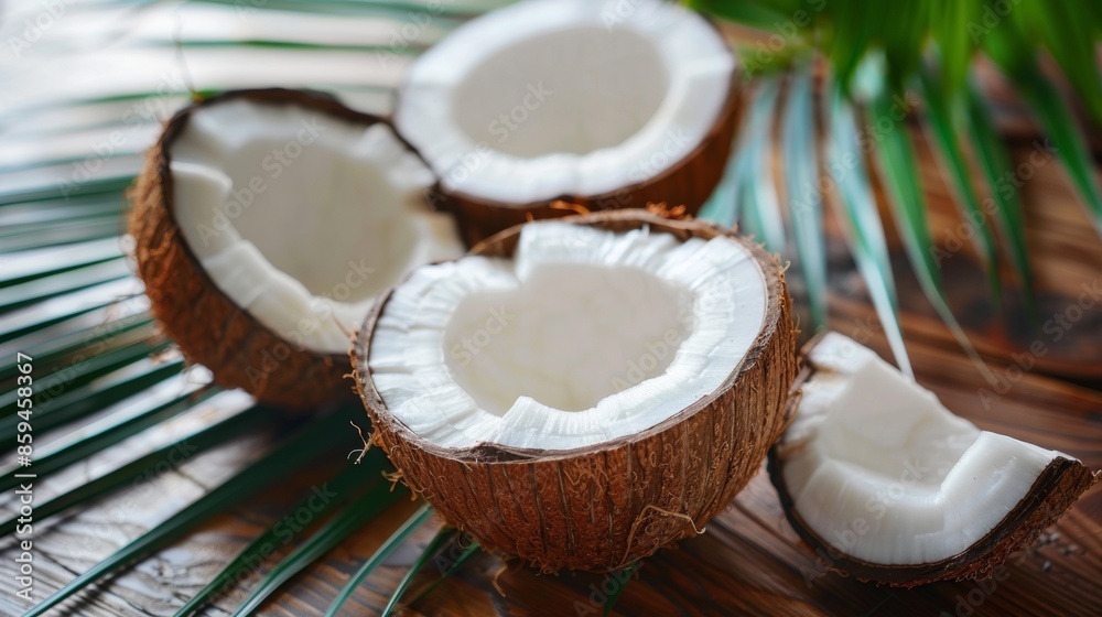 Fresh Coconut Halves on Palm Leaves Fresh Coconut Halves on Palm Leaves