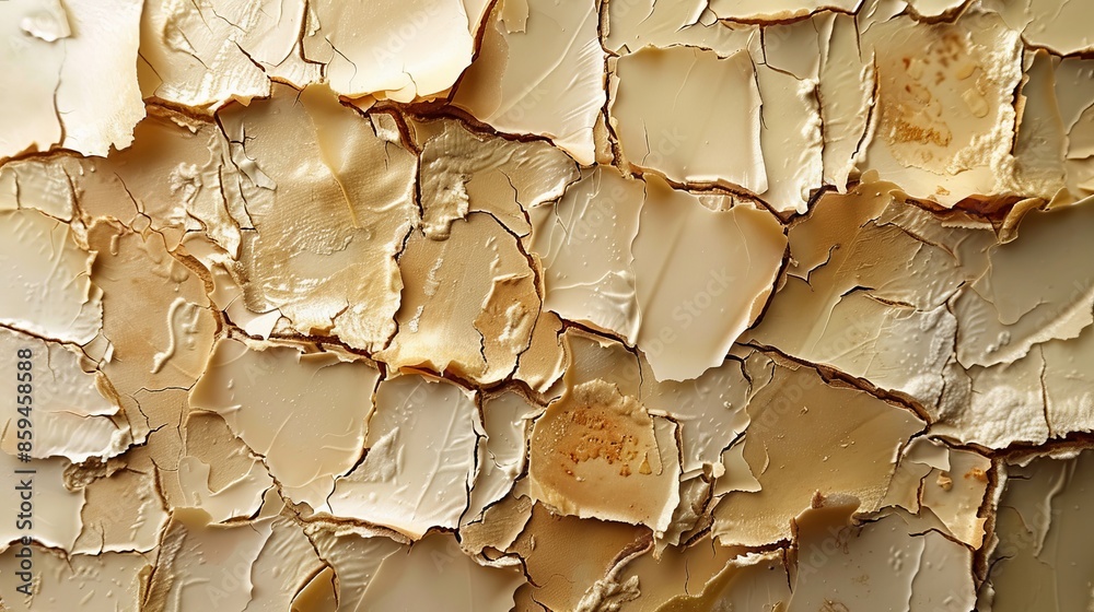 An artistic close-up of old, cracked, and peeling paint on a textured surface, showcasing the intricate details and varying shades of cream and beige.