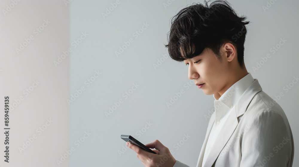 清潔感のある若いビジネスマンの男性がスマホで婚活出会いアプリを使用する横顔の白背景写真 清潔感のある若いビジネスマンの男性がスマホで婚活出会いアプリを使用する横顔の白背景写真