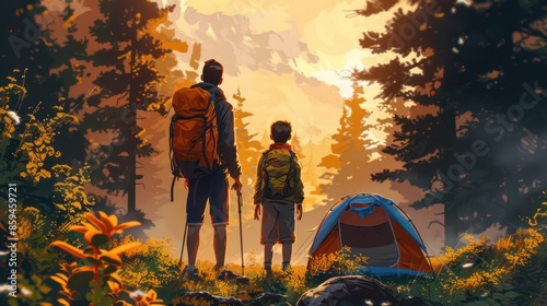Illustration of father and boy camping in forest, symbolizing happy holiday idea photo