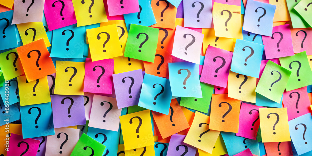 Close-up of colorful paper notes with question marks, creating a vibrant and playful background. Close-up of colorful paper notes with question marks, creating a vibrant and playful background.