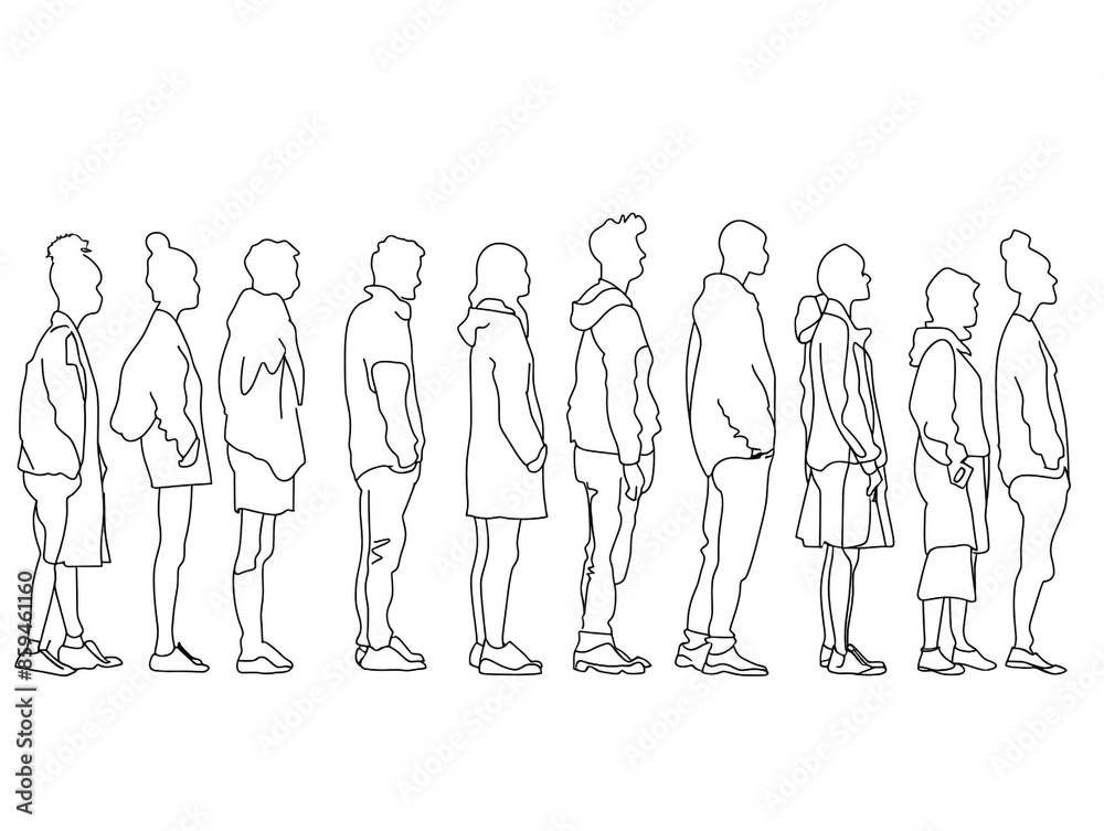 Group of people continuous one-line black ink drawing. The crowd standing and waiting on white background. Group of people continuous one-line black ink drawing. The crowd standing and waiting on white background.