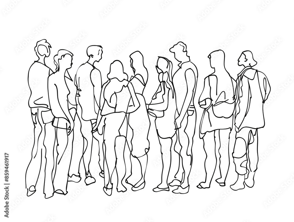 Group of people continuous one-line black ink drawing. The crowd standing and waiting on white background. Group of people continuous one-line black ink drawing. The crowd standing and waiting on white background.