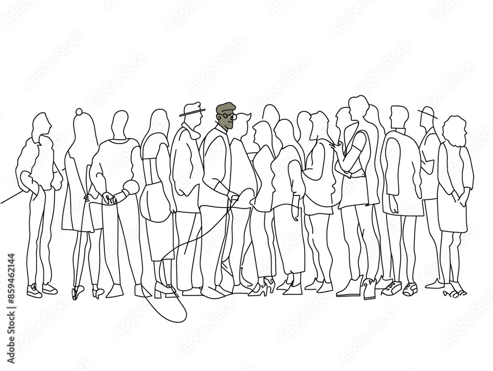 Group of people continuous one-line black ink drawing. The crowd standing and waiting on white background. Group of people continuous one-line black ink drawing. The crowd standing and waiting on white background.