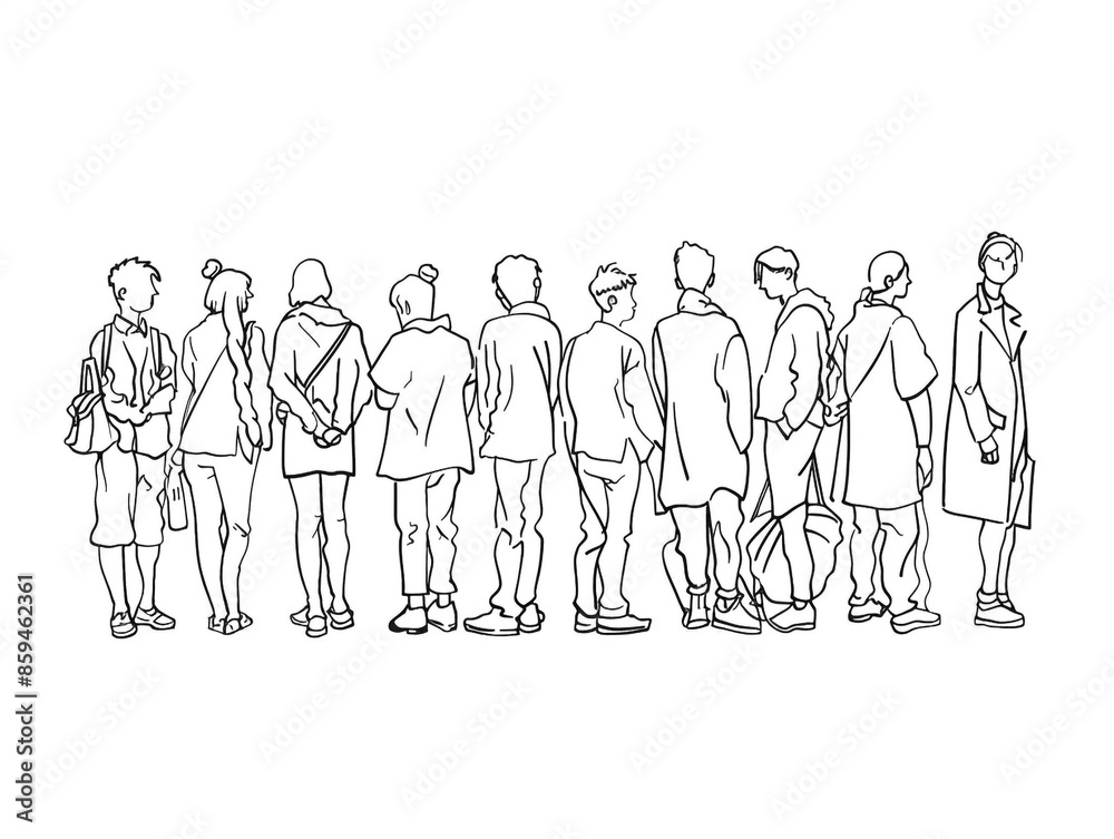 Group of people continuous one-line black ink drawing. The crowd standing and waiting on white background. Group of people continuous one-line black ink drawing. The crowd standing and waiting on white background.