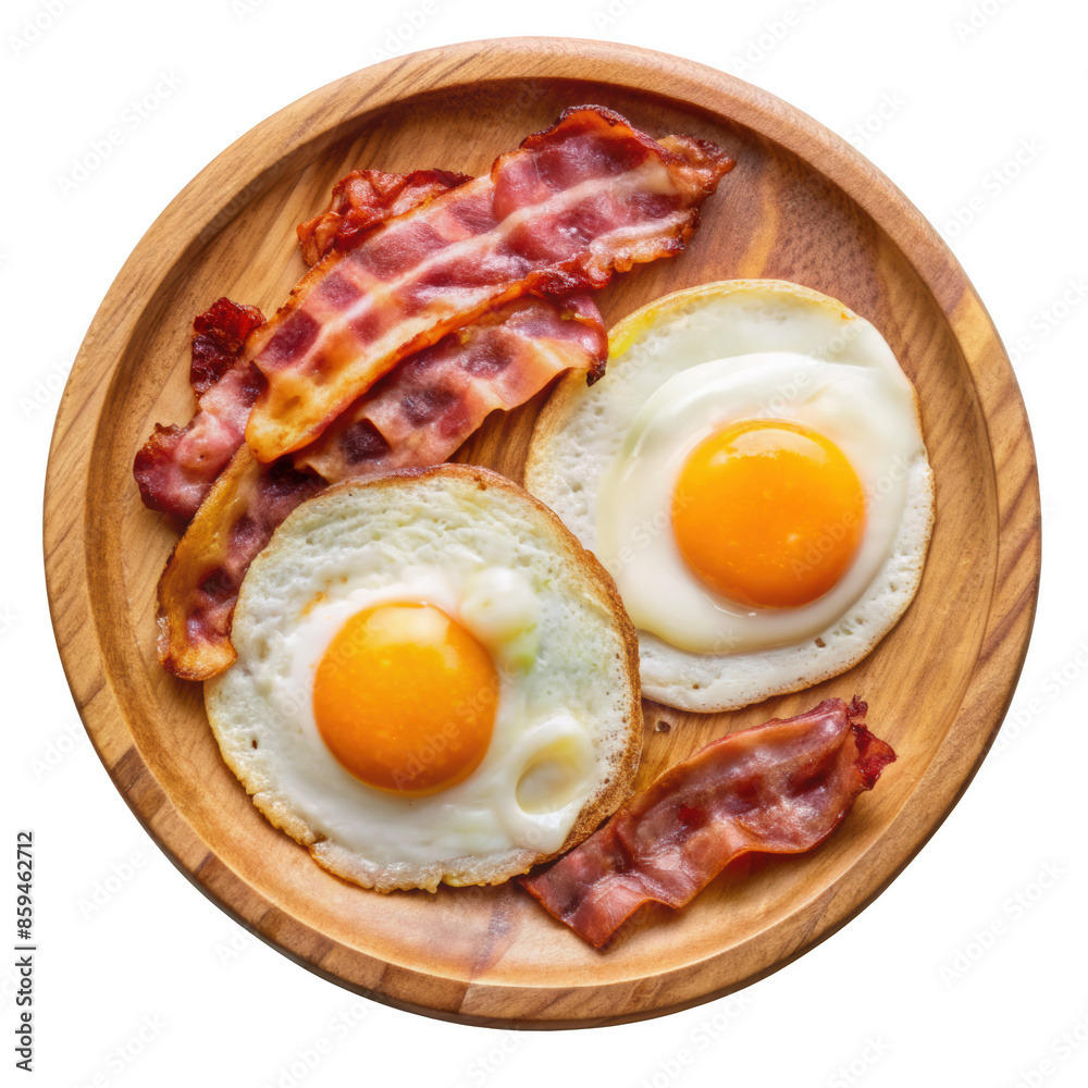 Fried eggs and crispy bacon served on a wooden plate. A classic breakfast combination with a delicious and savory taste. Isolated on transparent background, png. Fried eggs and crispy bacon served on a wooden plate. A classic breakfast combination with a delicious and savory taste. Isolated on transparent background, png.