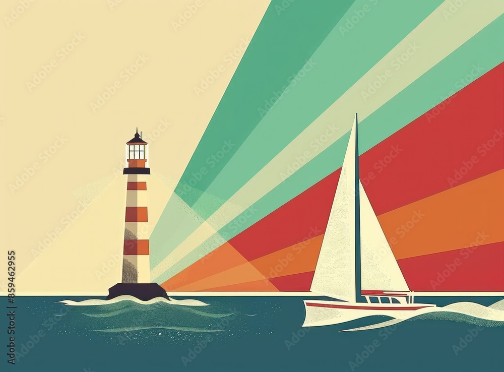 Naklejka premium Lighthouse and sailboat serene ocean sunset with sunburst travel adventure beauty scene