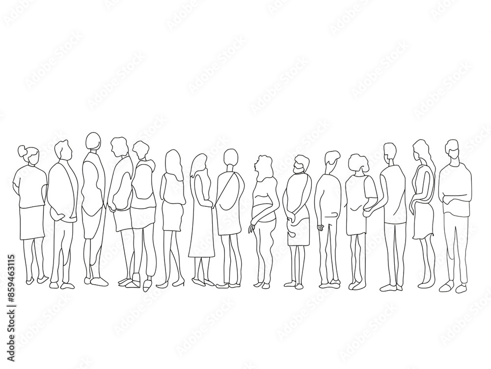 Group of people continuous one-line black ink drawing. The crowd standing and waiting on white background. Group of people continuous one-line black ink drawing. The crowd standing and waiting on white background.