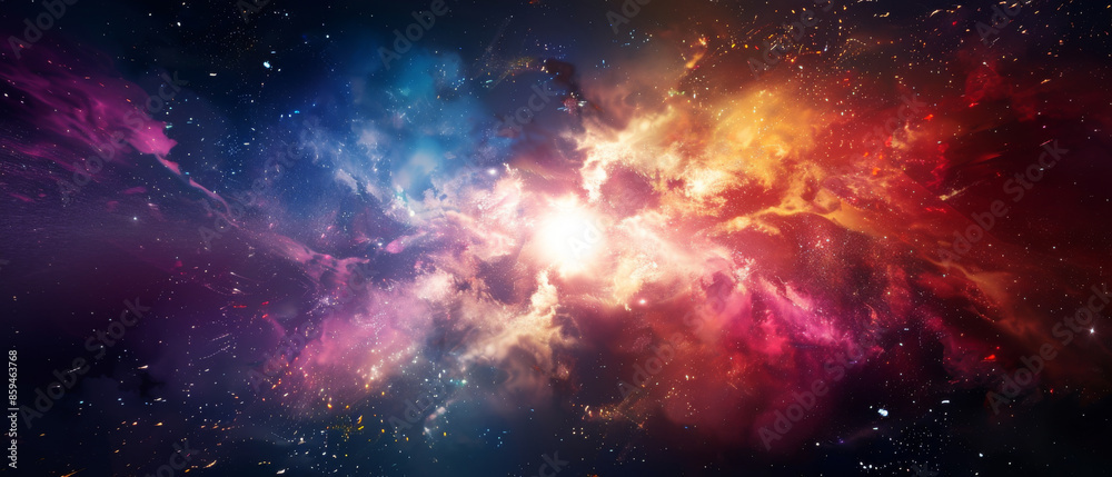 Fototapeta premium A vibrant cosmic scene captures the explosion of colorful gases in deep space, illustrating the beauty and vastness of the universe.