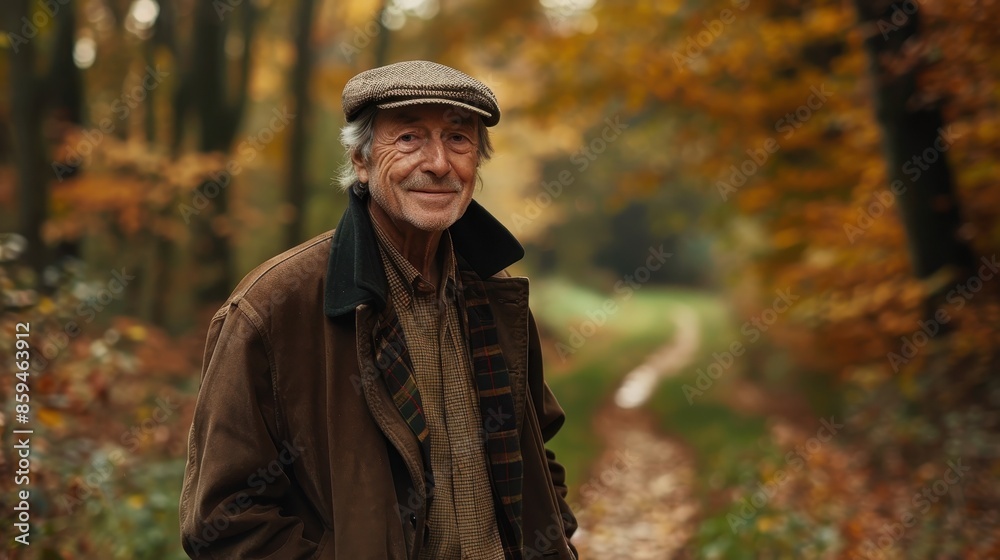 Smiling Senior Man in Brown Jacket and Cap Standing in Autumn Forest Smiling Senior Man in Brown Jacket and Cap Standing in Autumn Forest