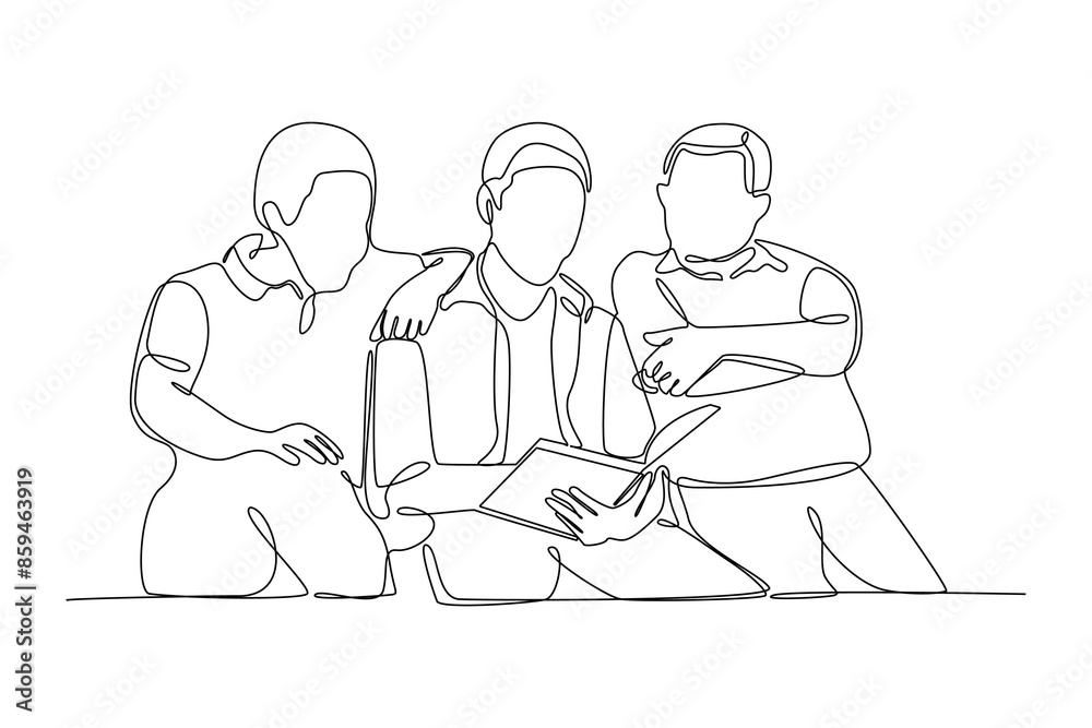 Simple continuous line drawing of father and two children gather while reading a book. Happy people eating, hangouts with food and drinks. Flat graphic vector illustrations isolated on white backgroun Simple continuous line drawing of father and two children gather while reading a book. Happy people eating, hangouts with food and drinks. Flat graphic vector illustrations isolated on white backgroun