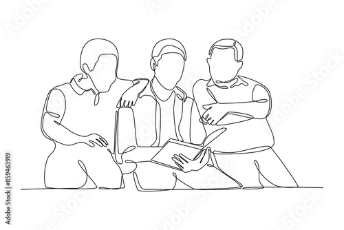 Simple continuous line drawing of father and two children gather while reading a book. Happy people eating, hangouts with food and drinks. Flat graphic vector illustrations isolated on white backgroun