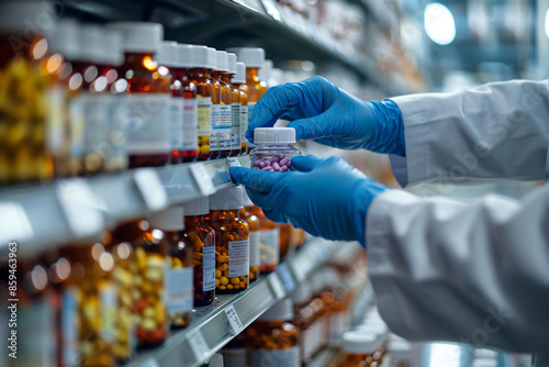 Pharmacist sorting medicines into jars for patients in a pharmacy. The process of preparing medications for patient treatment and safety