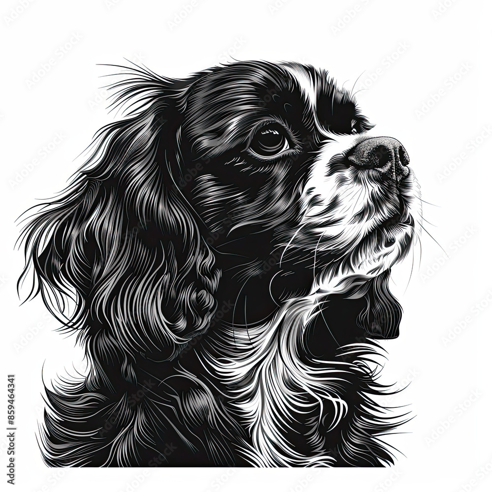 A black and white drawing of a Cavalier King Charles Spaniel dog A black and white drawing of a Cavalier King Charles Spaniel dog