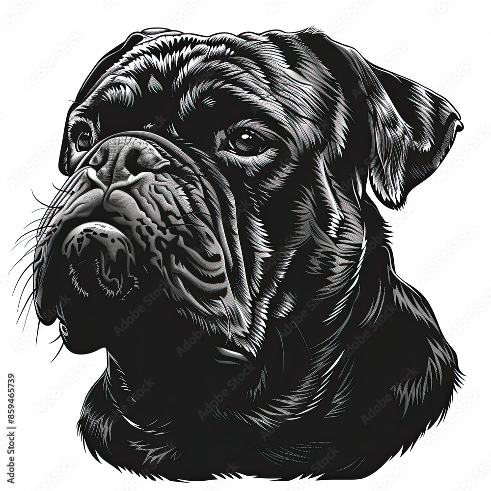 A black and white drawing of a bulldog dog
