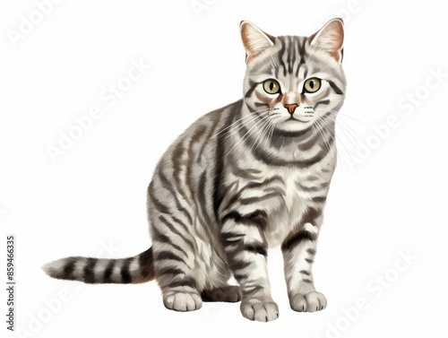 Illustration of a beautiful tabby cat with striking markings sitting and staring forward, isolated on a white background.