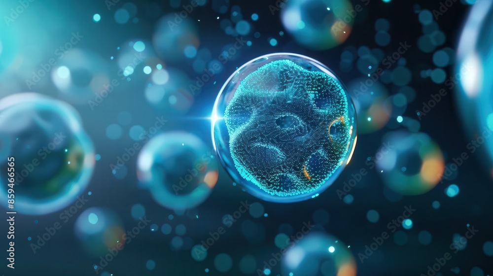 Abstract 3D rendering of a blue cell with a glowing core.