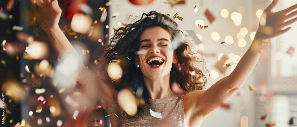 A cheerful woman is full of joy, her arms raised amidst a whirlwind of golden confetti and sparkling lights during a festive celebration. A cheerful woman is full of joy, her arms raised amidst a whirlwind of golden confetti and sparkling lights during a festive celebration.