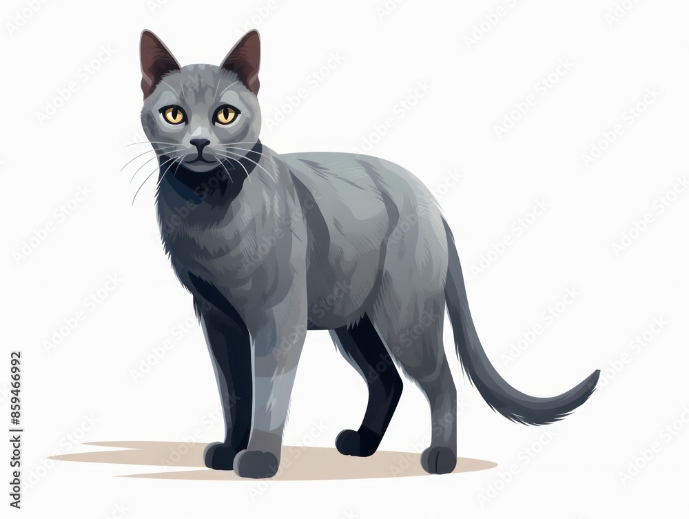 Illustration of a graceful gray cat standing on a white background, showcasing its sleek fur and alert expression. Illustration of a graceful gray cat standing on a white background, showcasing its sleek fur and alert expression.