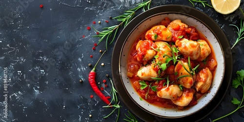 Savor the Flavor Delicious Chicken Fricassee with Spicy Red Pepper Sauce. Concept Chicken recipe, Fricassee cooking, Spicy sauce, Red pepper, Delicious flavor photo