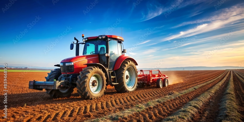 Obraz premium Red Tractor Working a Field at Sunset