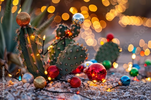 A desert setting featuring a cactus adorned with traditional holiday decorations, including colorful baubles and twinkling lights