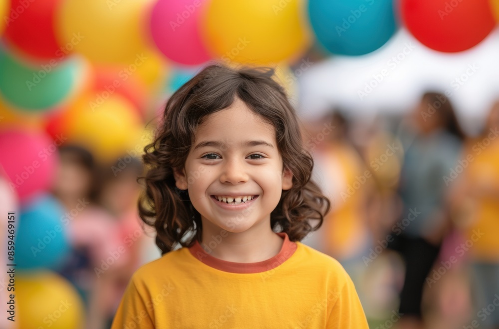 Happy child with curly hair smiling, surrounded by colorful balloons at an outdoor event. Happy child with curly hair smiling, surrounded by colorful balloons at an outdoor event.