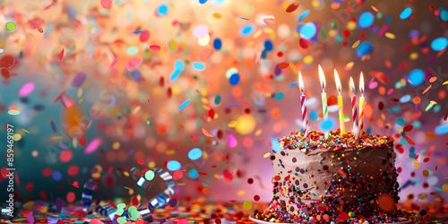 Birthday cake with candles on a background of colorfull