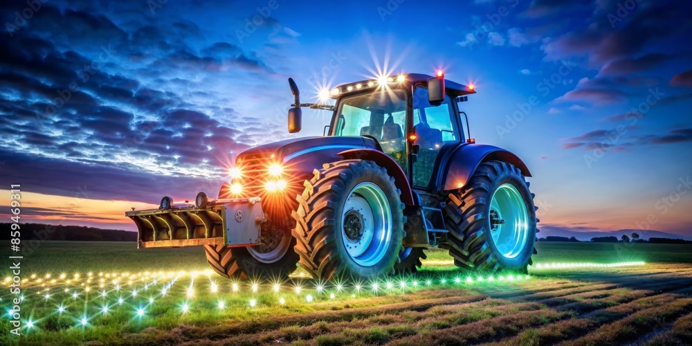 Modern Tractor Standing in a Field at Dusk Modern Tractor Standing in a Field at Dusk
