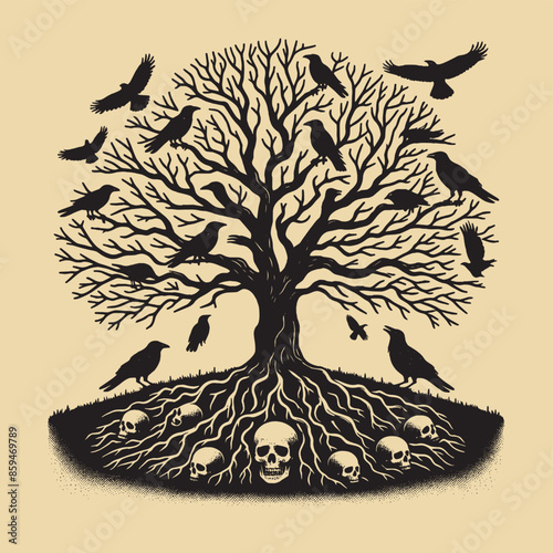 Tree of death. crows on the crown, skulls in the roots. Vintage retro engraving illustration. Black icon, isolated element. Print, tattoo sketch	
