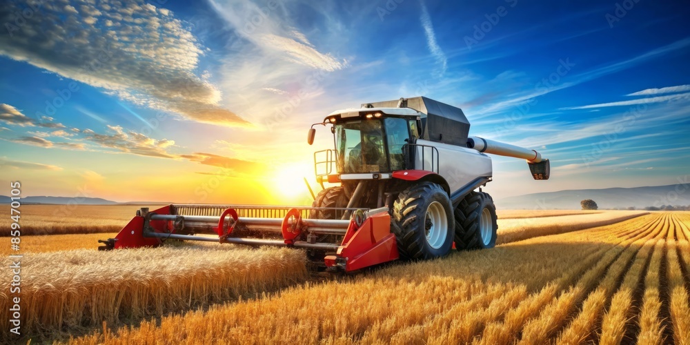 Fototapeta premium Combine Harvester Working in a Field at Sunset