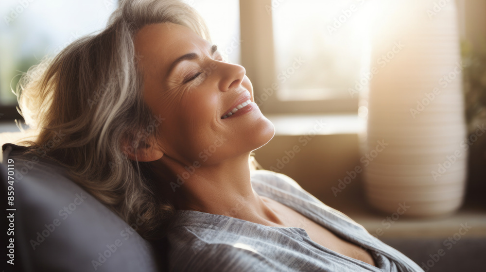 Happy woman relaxing on sofa at home Happy woman relaxing on sofa at home