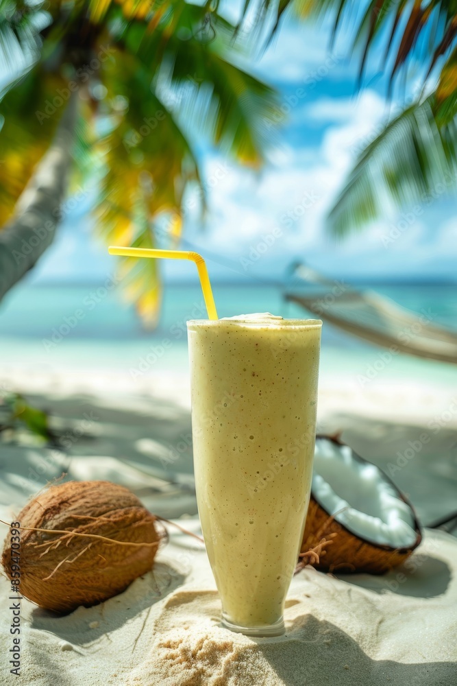 In the glamour magazine photo, a drink and a thick straw, the turquoise ocean in the background is a beautiful beach, on the beach, two coconuts lie behind a glass of smoothies In the glamour magazine photo, a drink and a thick straw, the turquoise ocean in the background is a beautiful beach, on the beach, two coconuts lie behind a glass of smoothies