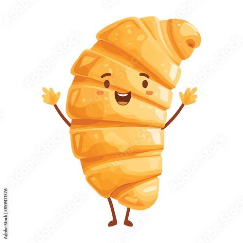 A croissant cartoon character with arms and legs on white background