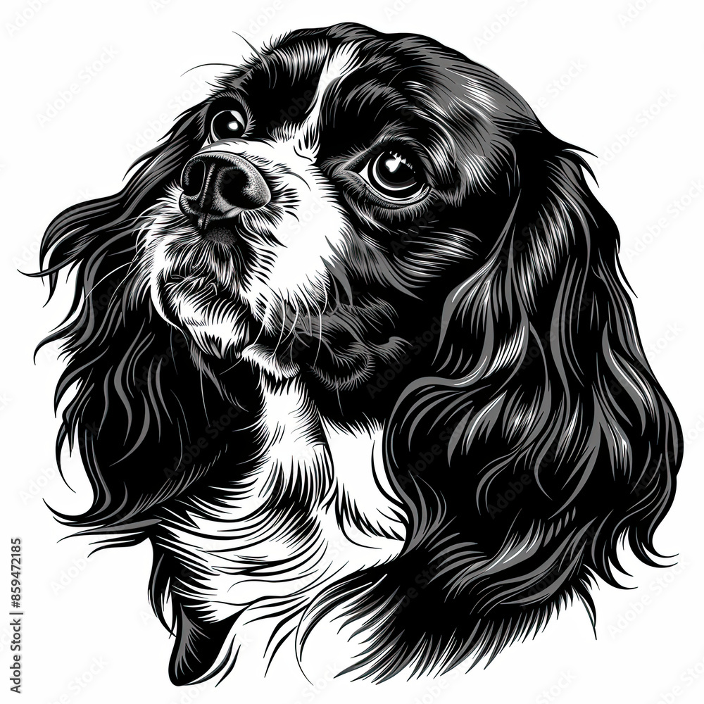 A black and white drawing of a cavalier king charles spaniel dog A black and white drawing of a cavalier king charles spaniel dog
