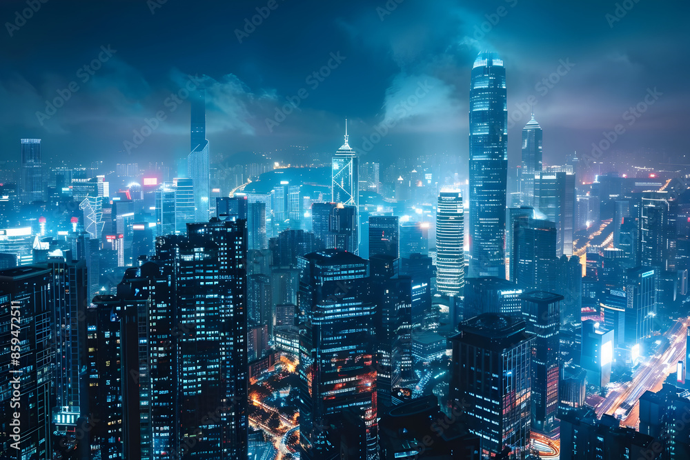 custom made wallpaper toronto digitalA futuristic city skyline with glowing lights.


