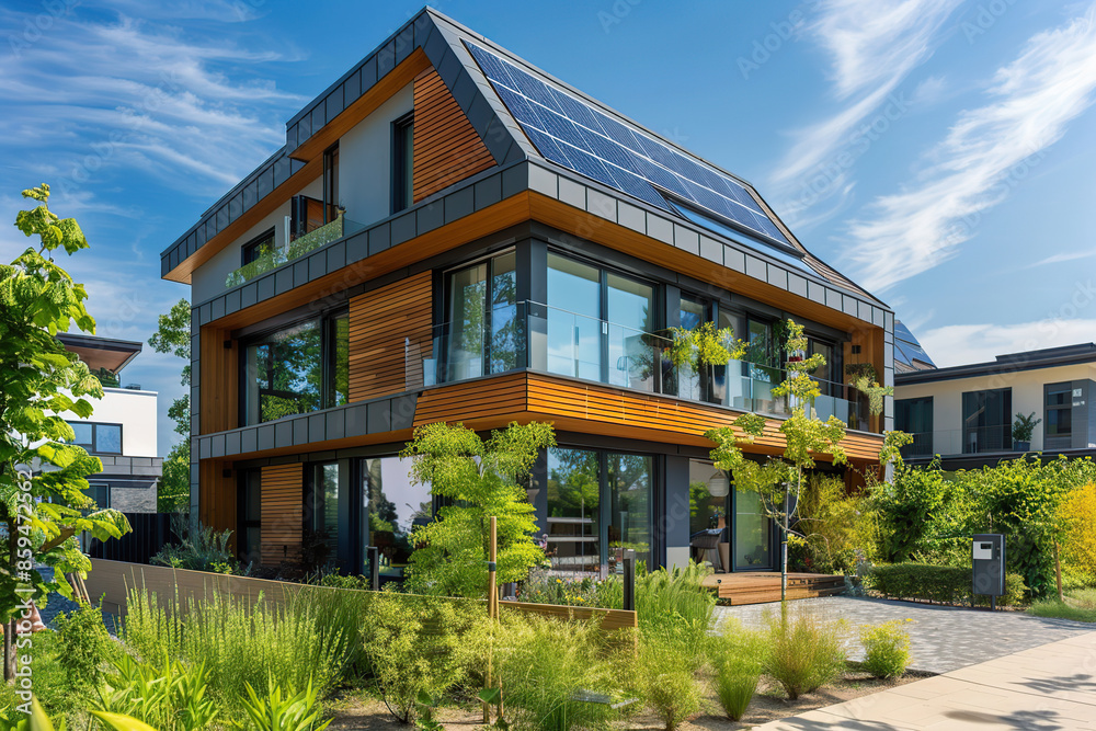 Large eco house with solar panels and green plant Large eco house with solar panels and green plant