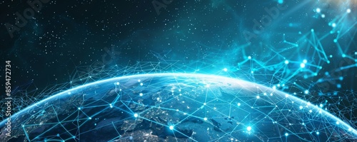 Map of modern technology connection on Earth, panorama banner. Generative AI.