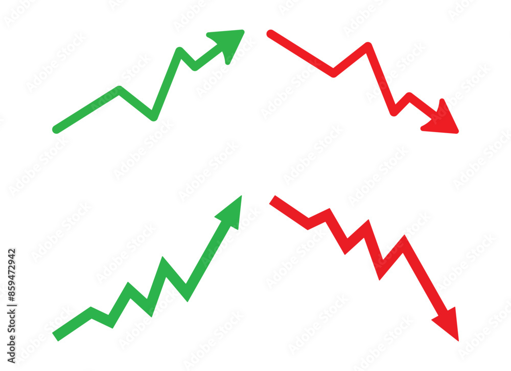 Graph going Up and Down sign with green and red arrows vector set. Flat design vector set of a concept of sales bar chart symbol icon with arrow moving down and sales bar chart with arrow moving up. Graph going Up and Down sign with green and red arrows vector set. Flat design vector set of a concept of sales bar chart symbol icon with arrow moving down and sales bar chart with arrow moving up.