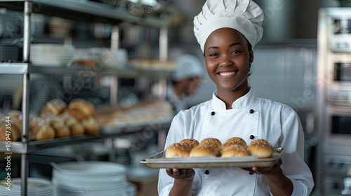 professional african american female chef in uniform holding a baking sheet with fresh buns