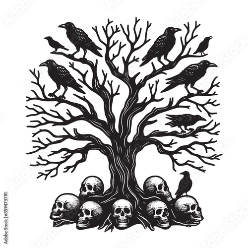 Tree of death. crows on the crown, skulls in the roots. Vintage retro engraving illustration. Black icon, isolated element. Print, tattoo sketch	